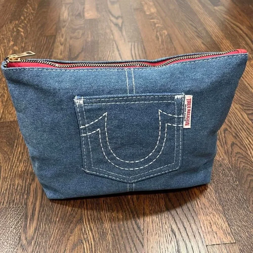 true religion cosmetics jean bag blue denim / navy makeup bag toiletry